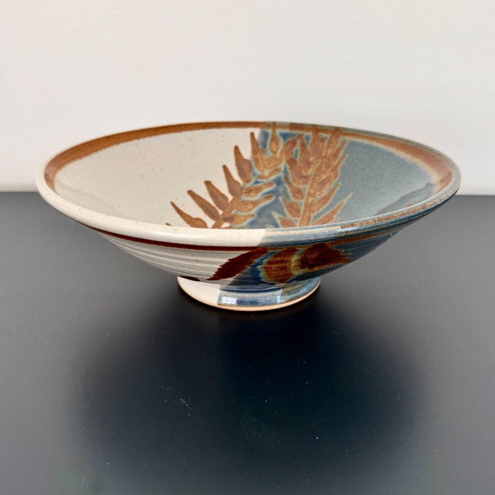 Vintage Artisan Signed Studio Pottery Bowl with Handpainted Leaf Detail ~ 10"